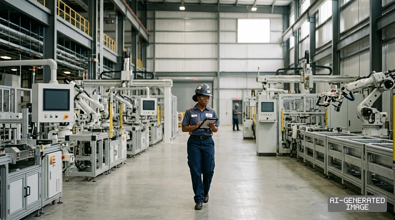 A worker holding a tablet walks past robotic assembly lines inside an automated battery manufacturing facility. (AI-generated image)