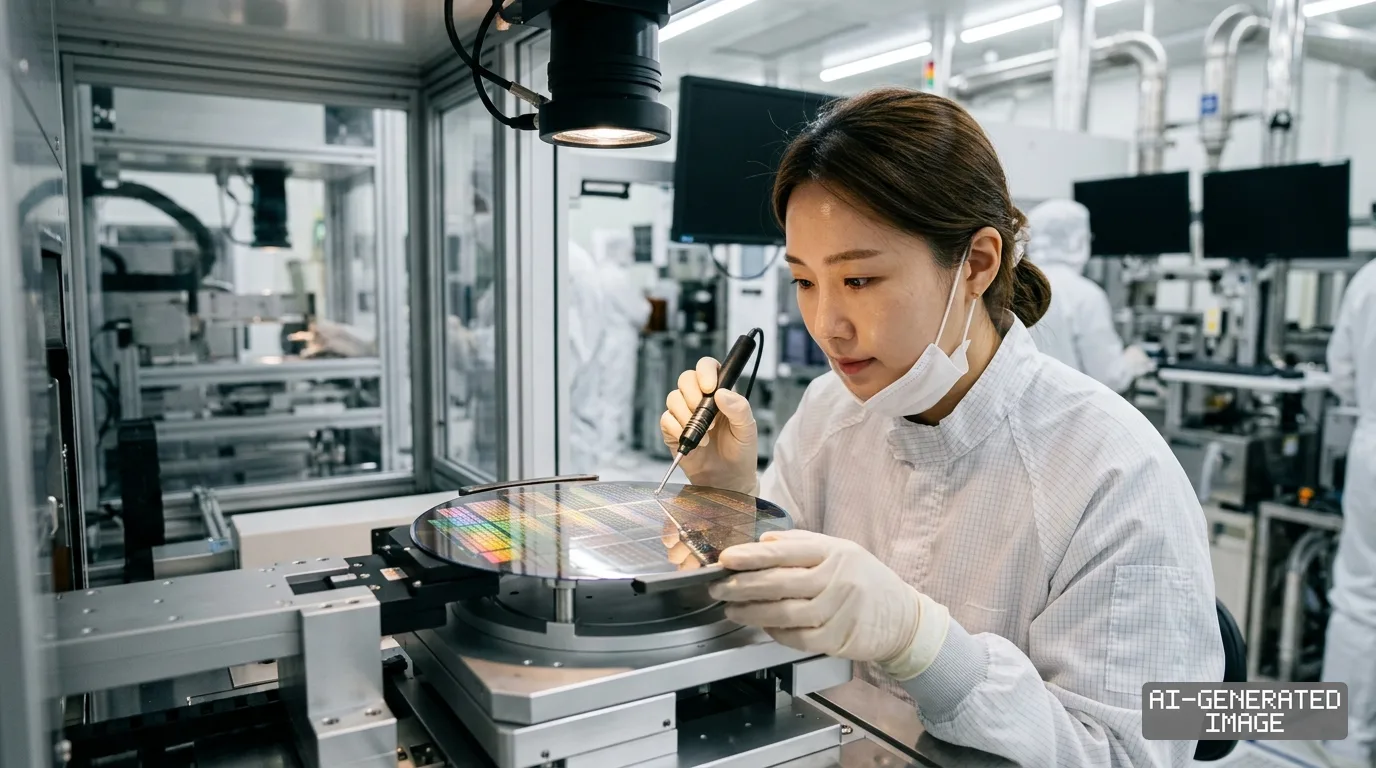 A technician inspects a semiconductor wafer with a handheld tool inside a cleanroom facility as memory chipmakers accelerate production. (AI-generated image)