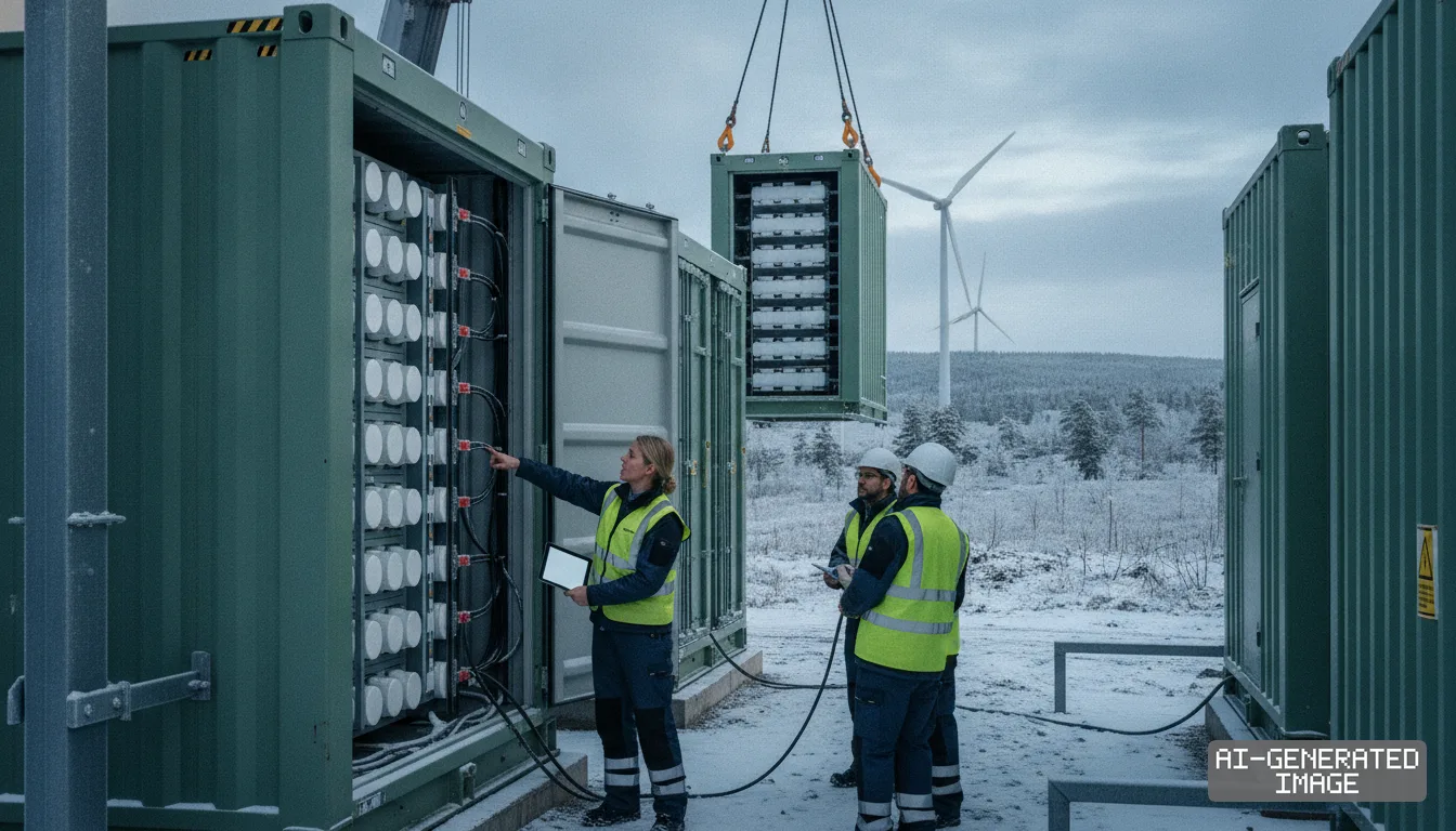 Technicians inspect containerized energy storage systems at a snowy wind farm site as a crane lowers another unit into position. (AI-generated image)