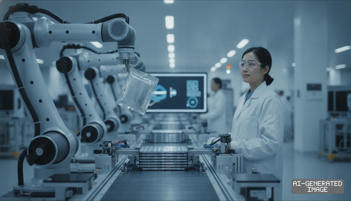 A technician in a lab coat monitors robotic arms handling battery cells along an automated factory conveyor line. (AI-generated image)