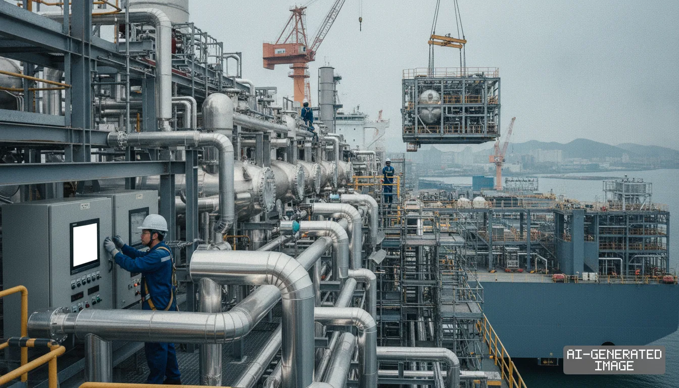 Workers monitor topside equipment and piping on a floating liquefied natural gas vessel as a crane hoists an industrial module. (AI-generated image)