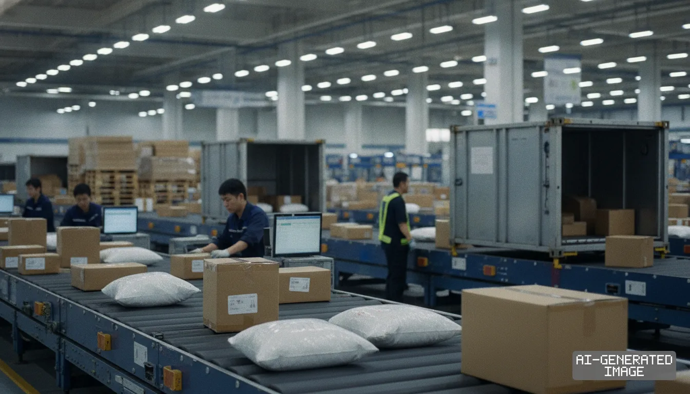 Workers sort parcels and boxed goods on a conveyor system inside a logistics facility processing cross-border shipments. (AI-generated image)