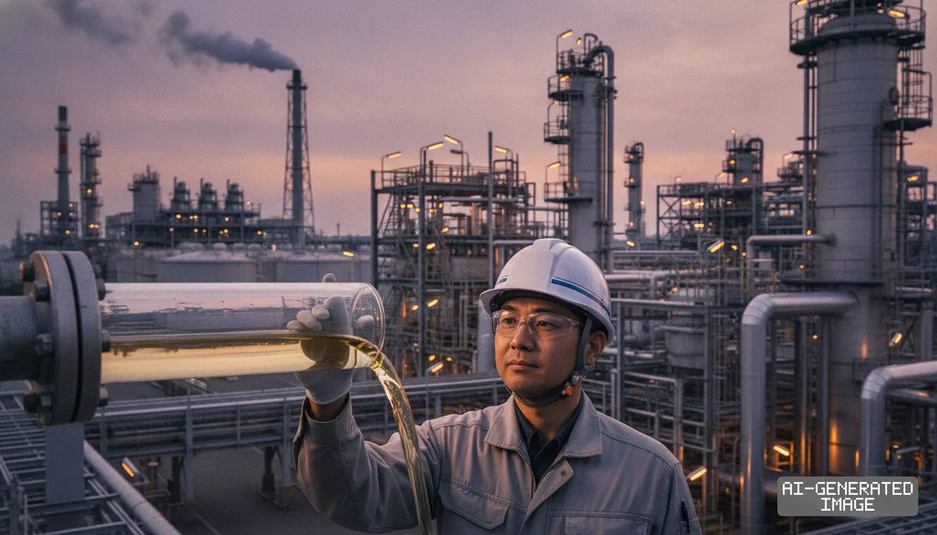 An engineer inspects a sample of liquid feedstock pouring from a glass cylinder at a petrochemical refinery. (AI-generated image)