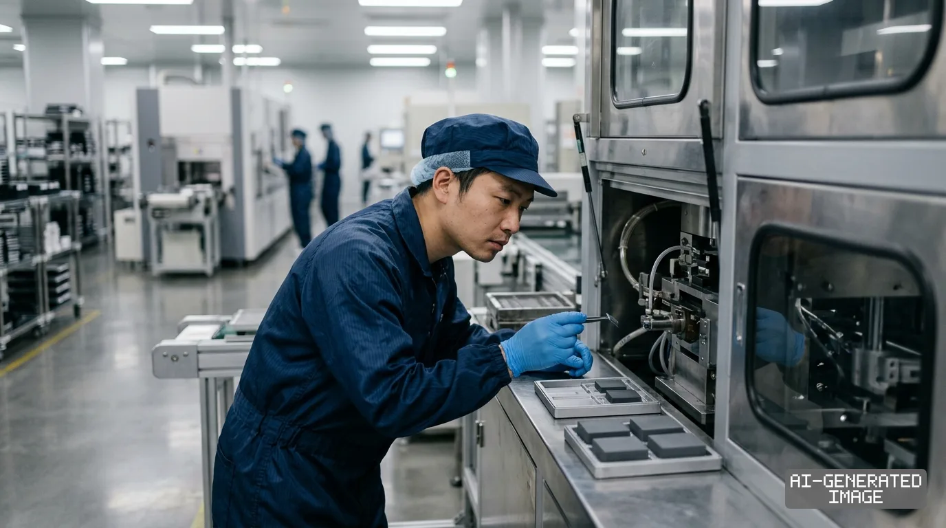 A worker uses tweezers to inspect a component at an advanced packaging machine inside a semiconductor materials plant. (AI-generated image)