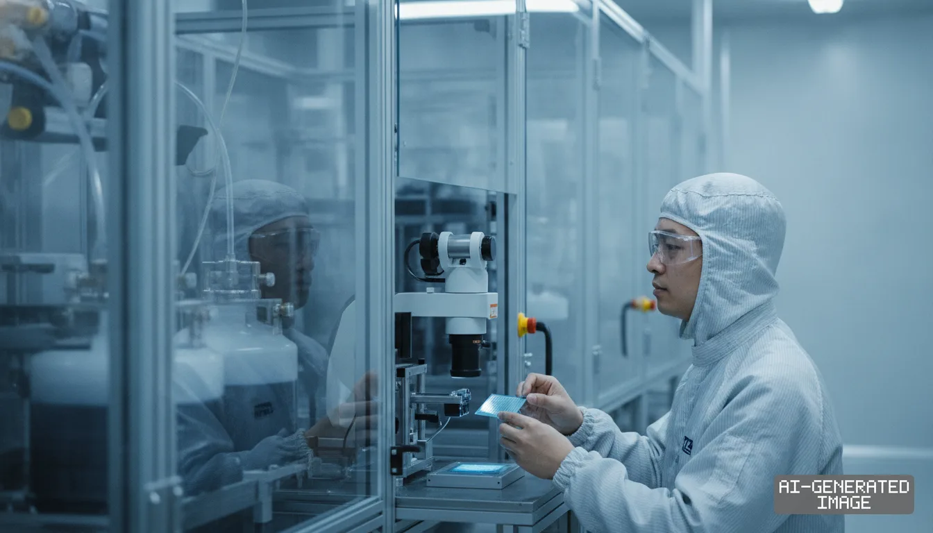 A technician in cleanroom attire inspects a semiconductor component beside an optical microscope in a cleanroom. (AI-generated image)