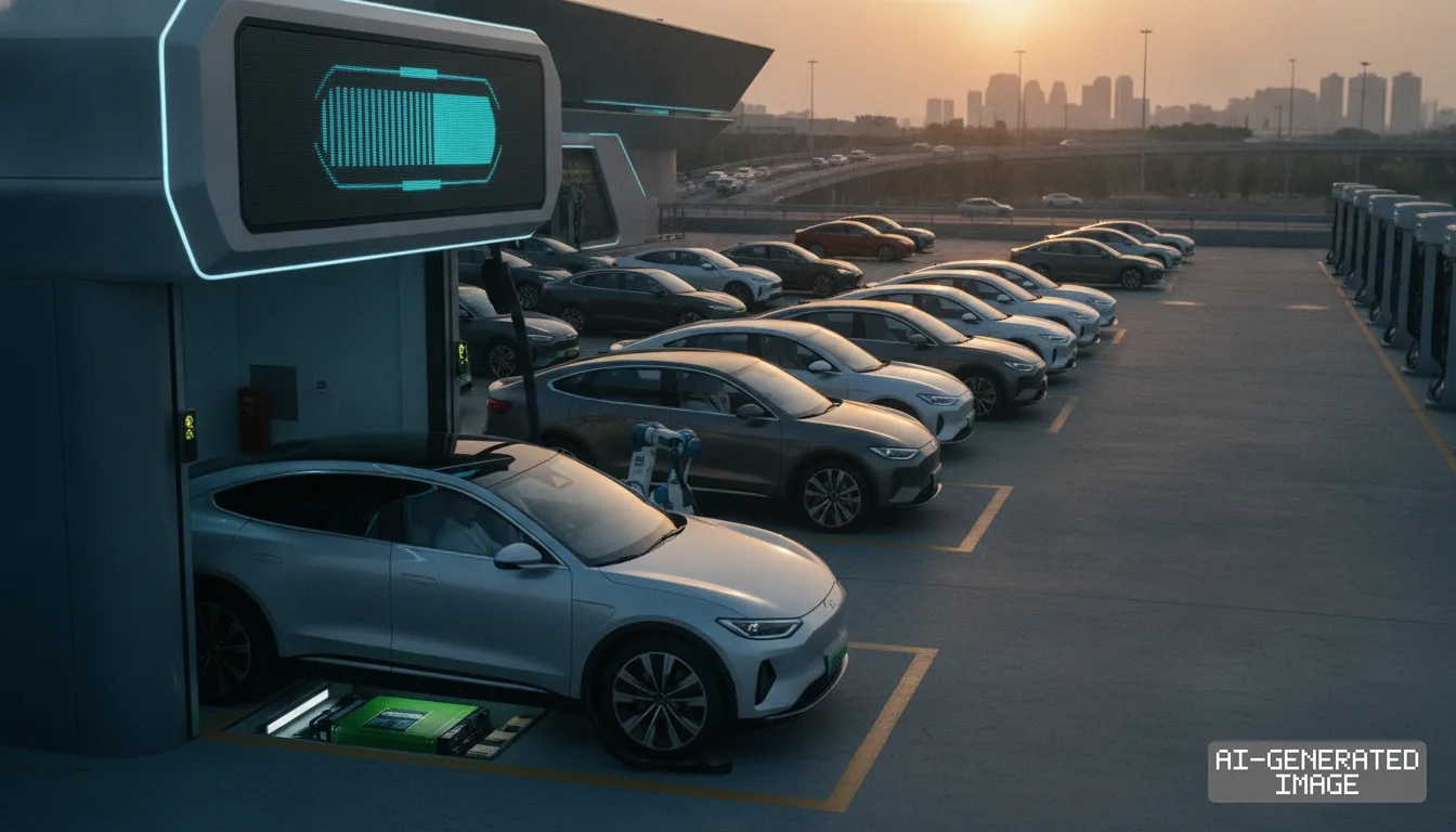 -style NIO / EV design, illuminated battery display) - receives automated battery pack swap (battery pack in the ground bay beneath car, robotic gear, display showing battery level) - service station (station structure) . (AI-generated image)