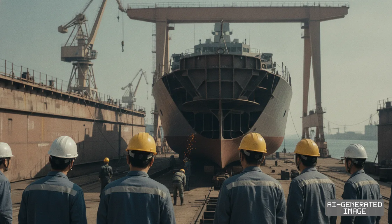 Shipyard workers in hard hats observe a large naval vessel undergoing construction inside an industrial dry dock. (AI-generated image)