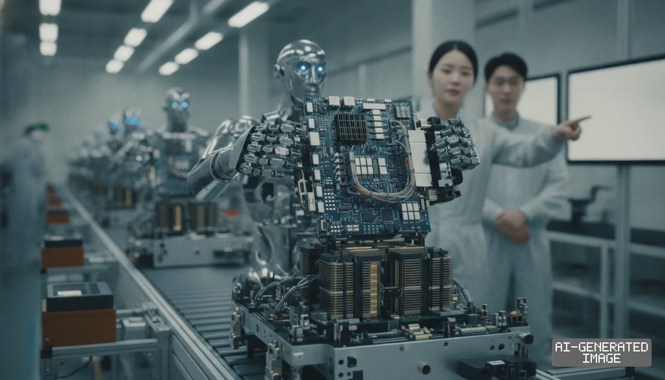 Humanoid robots assemble electronic circuit boards on a factory production line as two technicians observe in the background. (AI-generated image)