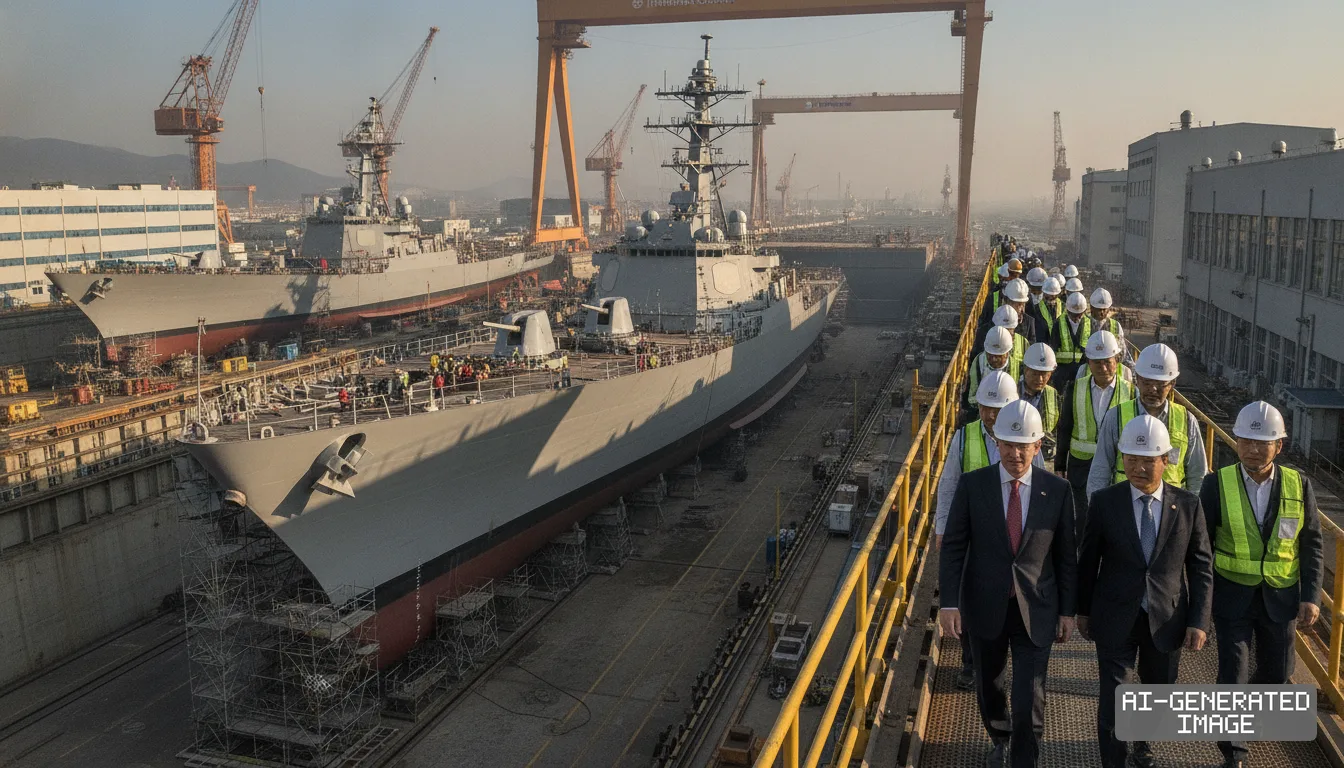 Officials wearing hard hats walk along an elevated walkway overlooking naval warships under construction in a shipyard dry dock. (AI-generated image)