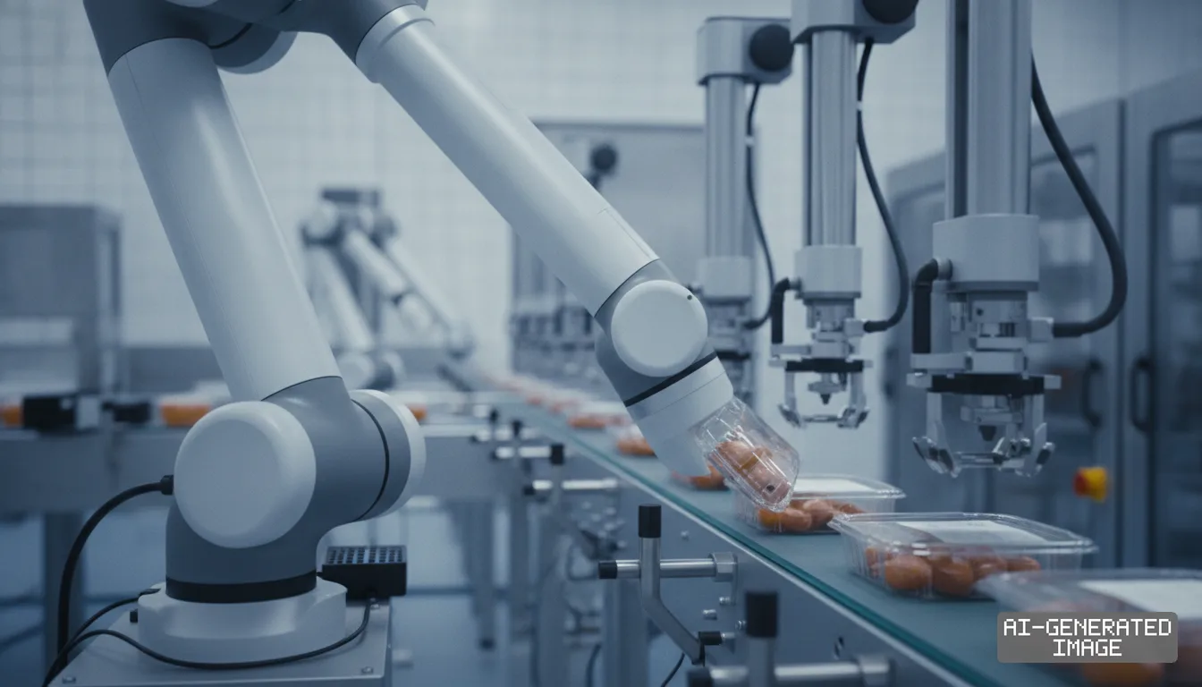 Robotic arms package food items into plastic containers along an automated conveyor line inside a processing facility. (AI-generated image)