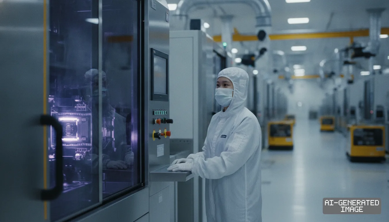 A technician in protective cleanroom gear operates semiconductor manufacturing equipment inside an advanced fabrication plant. (AI-generated image)