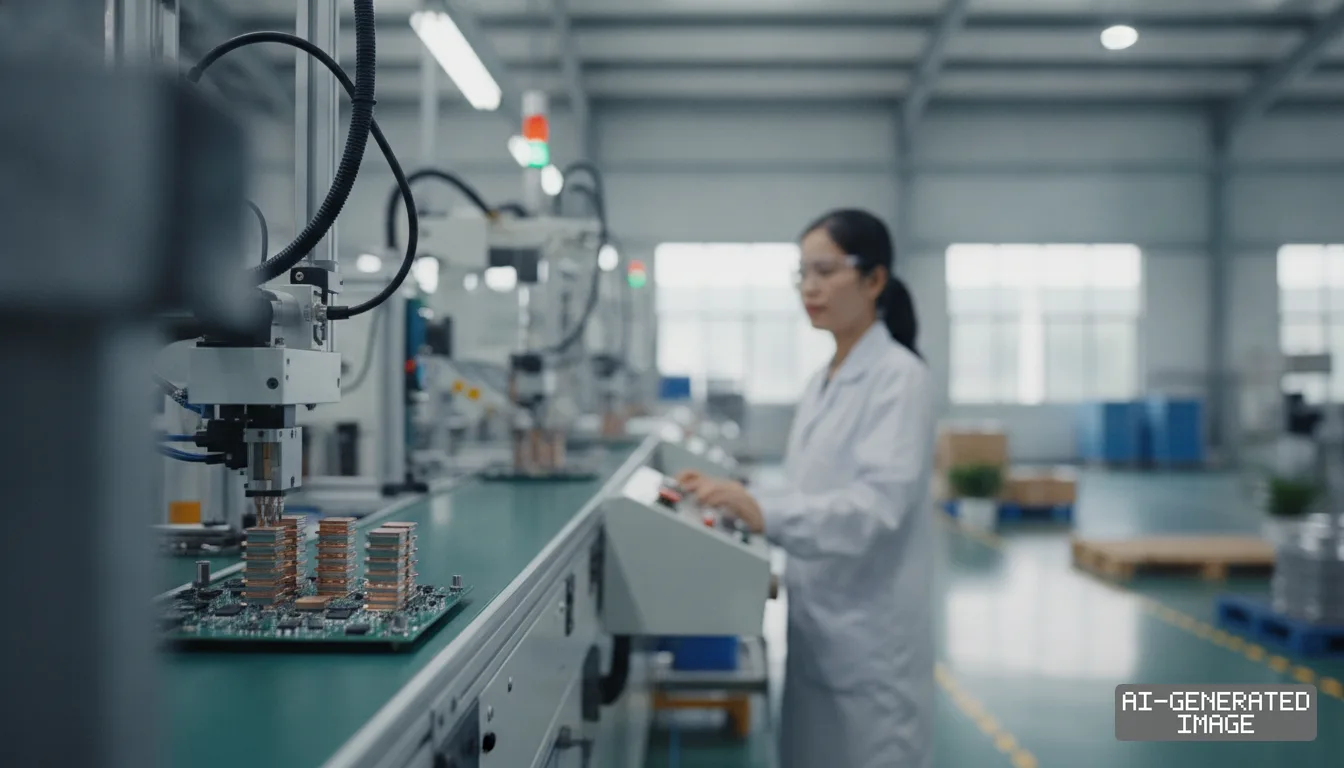 A technician monitors automated equipment assembling electronic components along a factory production line. (AI-generated image)