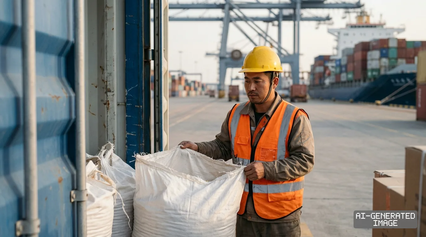 A port worker inspects a large sack beside an open shipping container at a commercial terminal handling bilateral trade shipments. (AI-generated image)