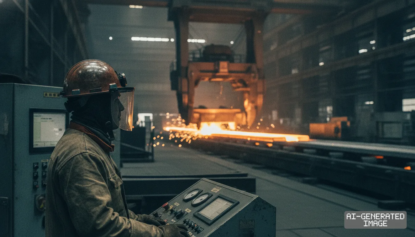 A worker operates a control panel as glowing hot steel moves along a production line inside a manufacturing plant. (AI-generated image)