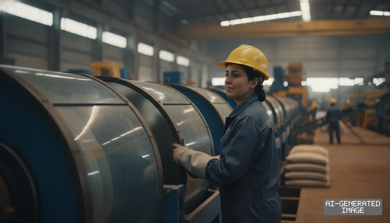 A worker wearing a yellow hard hat monitors cylindrical processing equipment inside an industrial facility. (AI-generated image)
