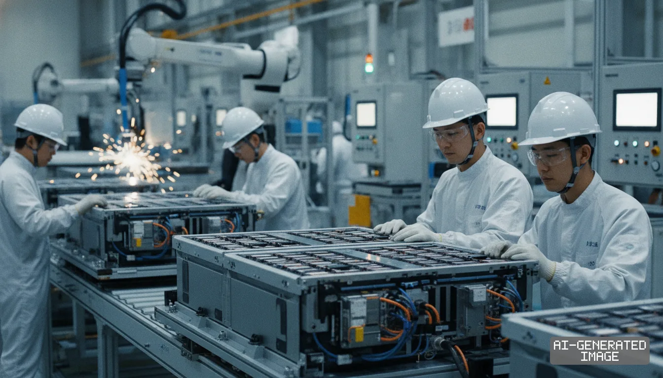Factory workers assemble and inspect industrial battery modules along an automated manufacturing line. (AI-generated image)