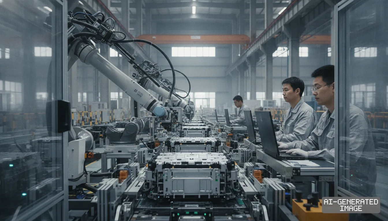 Technicians monitor robotic arms assembling battery packs along an automated production line inside a manufacturing plant. (AI-generated image)