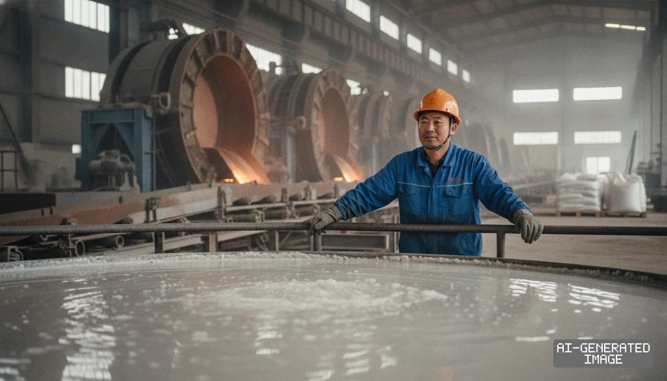 A worker wearing a hard hat and uniform stands behind a large vat inside a rare earth processing facility. (AI-generated image)