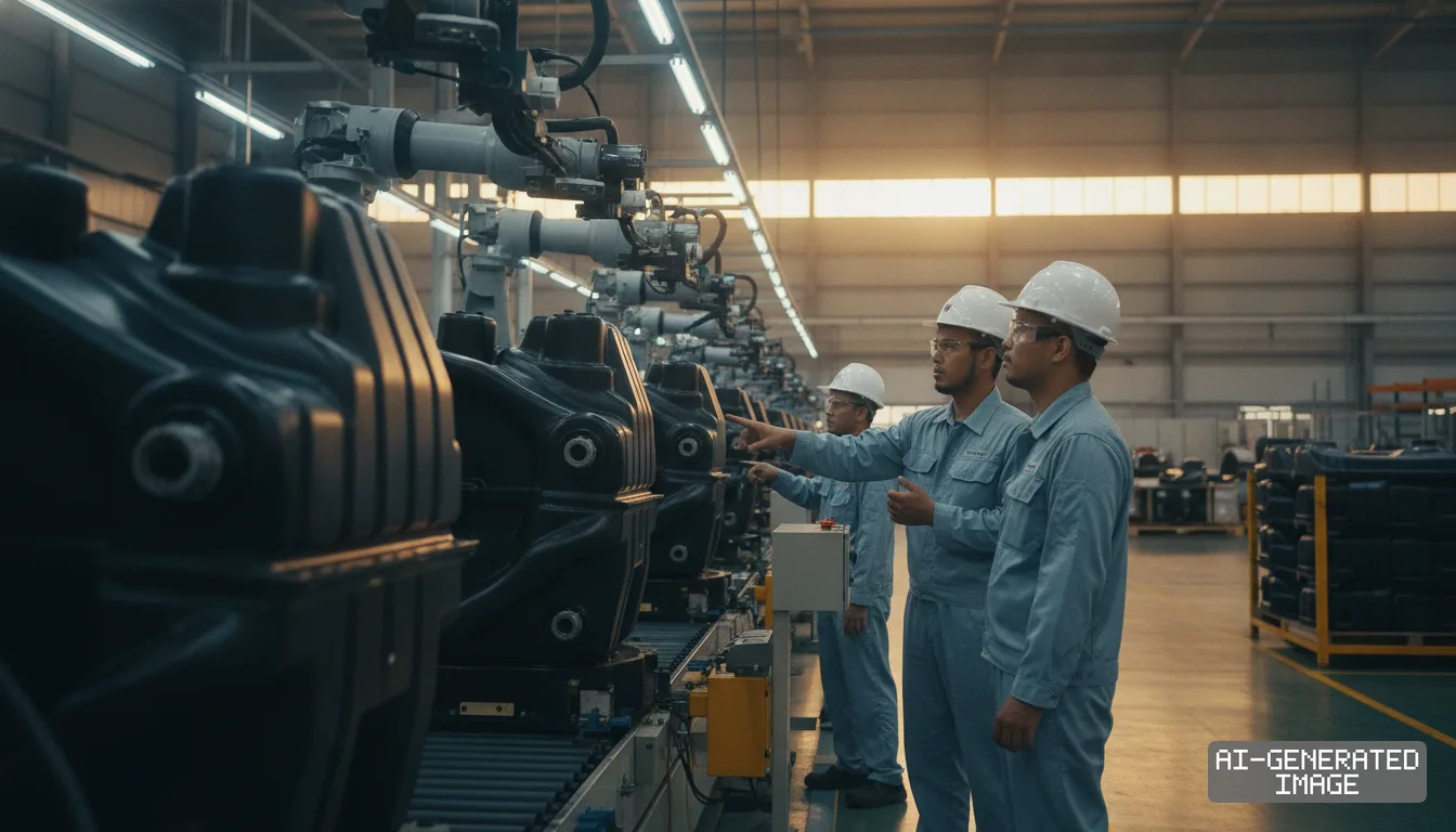 Workers in hard hats monitor an automated assembly line producing plastic fuel tanks inside an automotive components factory. (AI-generated image)
