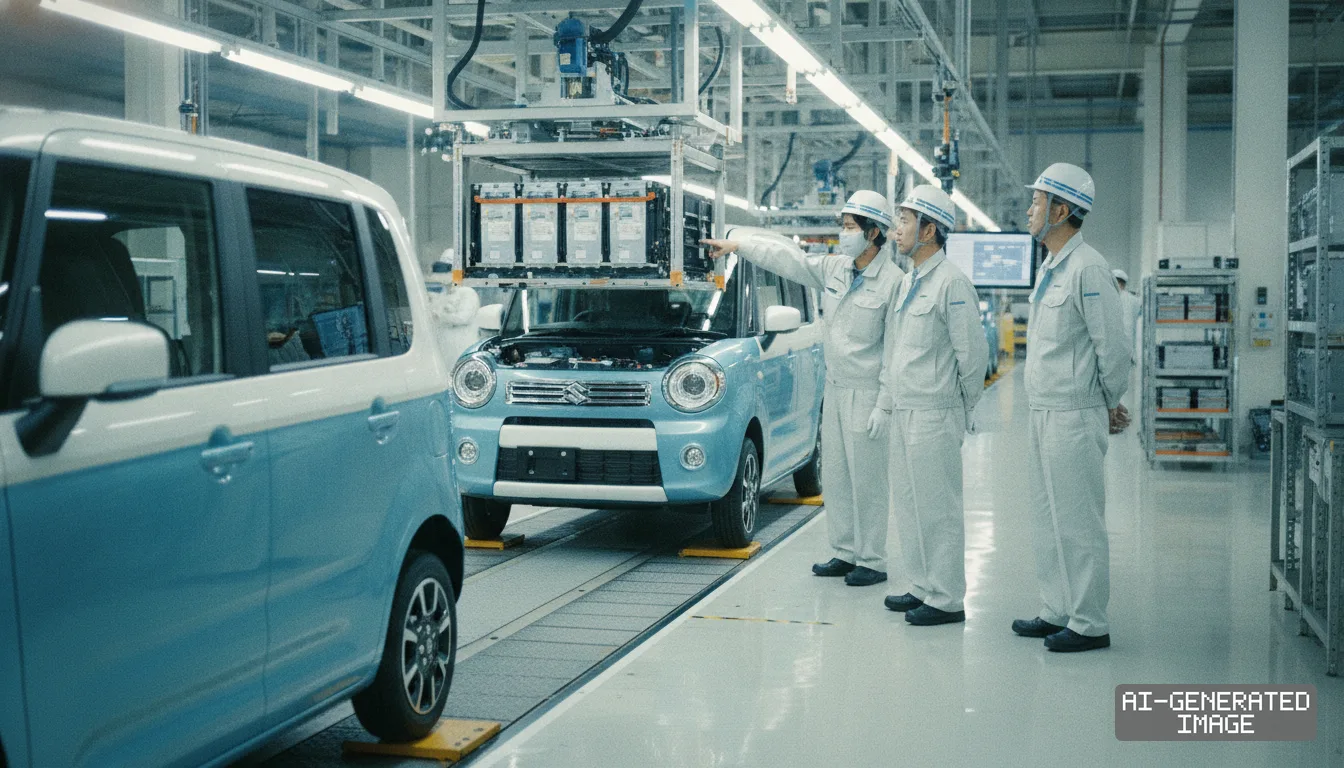 Workers observe a battery pack being installed into a Suzuki mini electric vehicle on a factory assembly line. (AI-generated image)