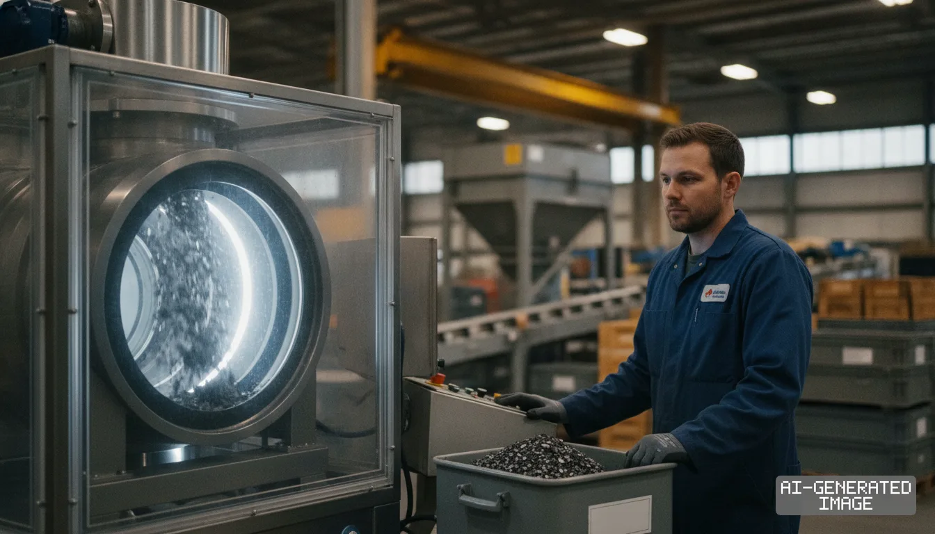 A technician monitors machinery processing granulated materials at a rare earth magnet recycling plant. (AI-generated image)