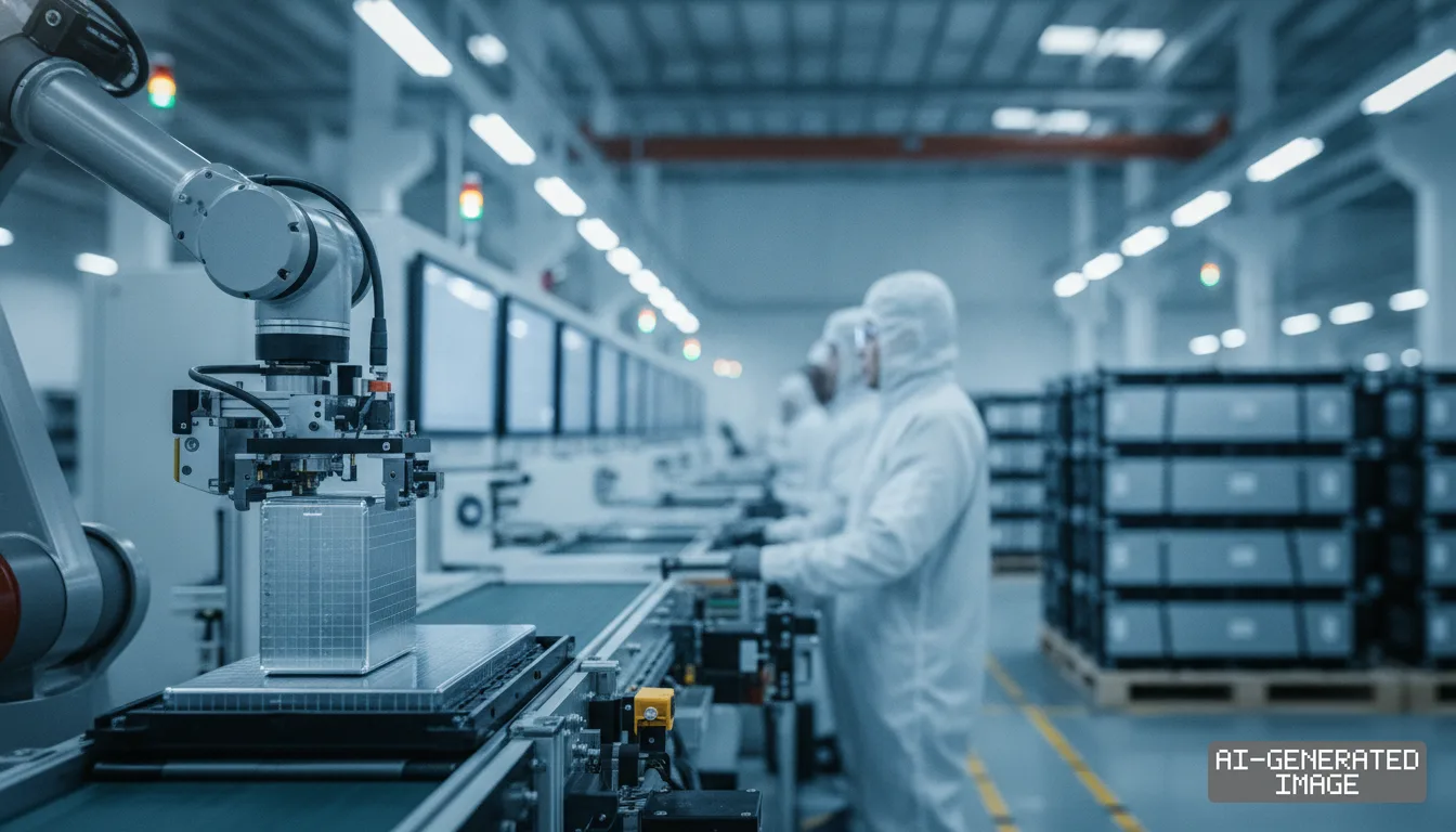 Workers in protective suits monitor an automated assembly line as a robotic arm handles battery cells inside a manufacturing plant. (AI-generated image)