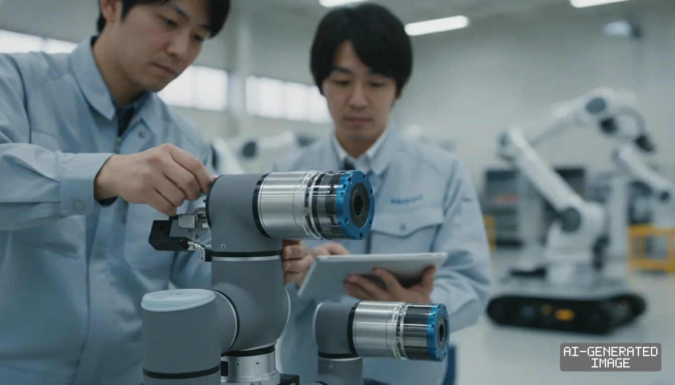 Two engineers inspect and adjust an integrated collaborative robotic arm joint while referencing a digital tablet. (AI-generated image)