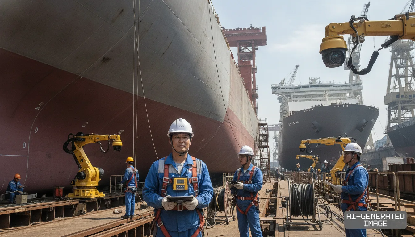 Shipyard workers with digital devices and safety gear stand near automated camera systems alongside large vessels in a drydock. (AI-generated image)
