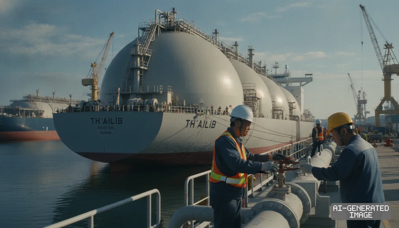 Shipyard workers operate a dockside valve as the liquefied natural gas carrier Th'ailib prepares for delivery. (AI-generated image)