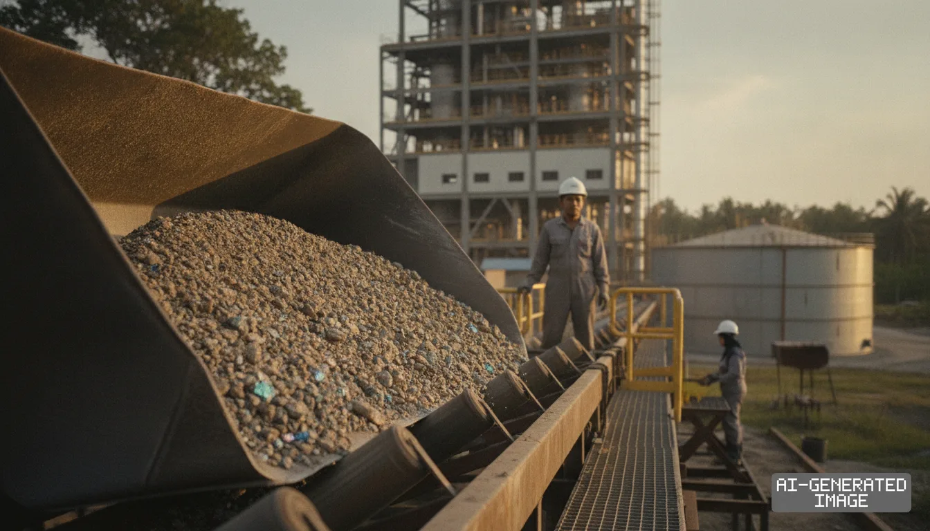 Workers monitor a conveyor belt carrying extracted mineral ore outside an industrial processing plant in Malaysia. (AI-generated image)