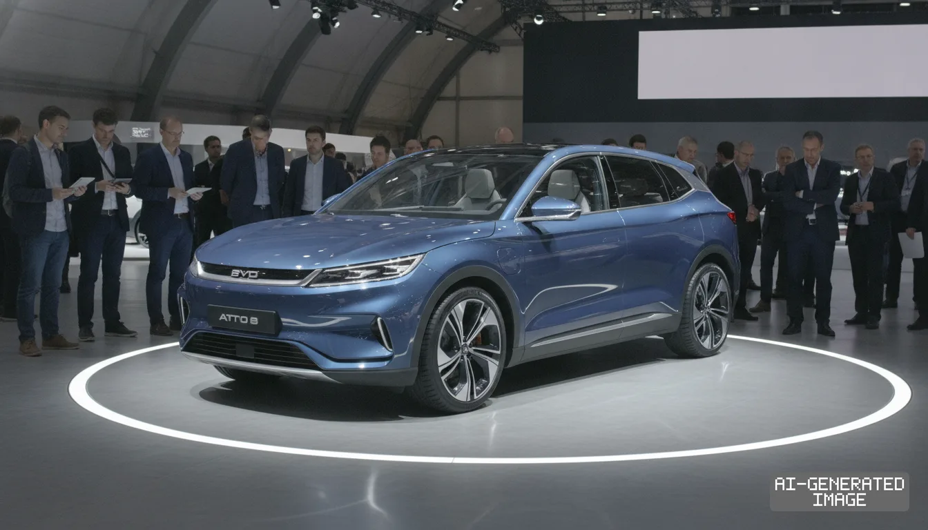 Attendees view the blue BYD Atto 8 electric sport utility vehicle displayed on an illuminated circular platform at the Paris Motor Show. (AI-generated image)