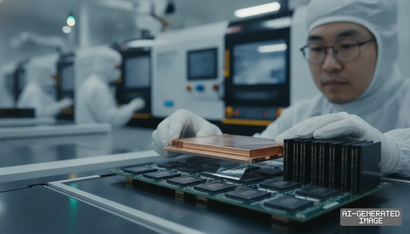 A cleanroom technician positions a copper heat sink onto a multi-chip module during thermal packaging assembly. (AI-generated image)