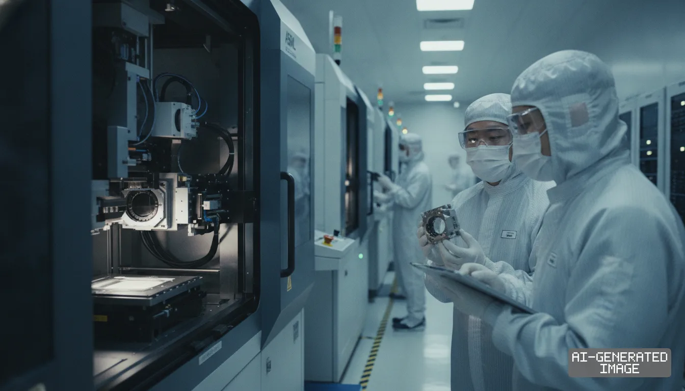 Technicians in protective cleanroom suits inspect a machine component beside an ASML lithography tool. (AI-generated image)