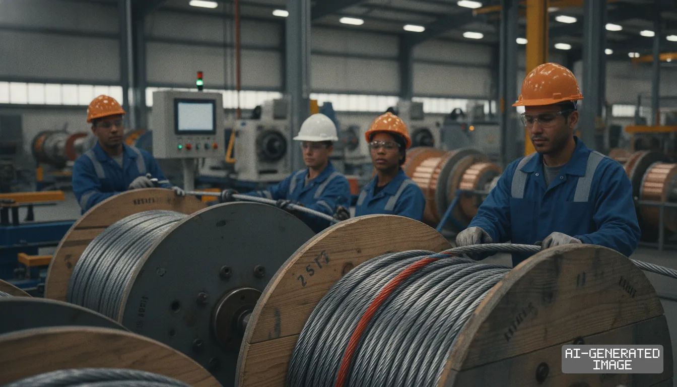 Workers in protective gear handle heavy industrial cables on large wooden spools inside a manufacturing facility. (AI-generated image)