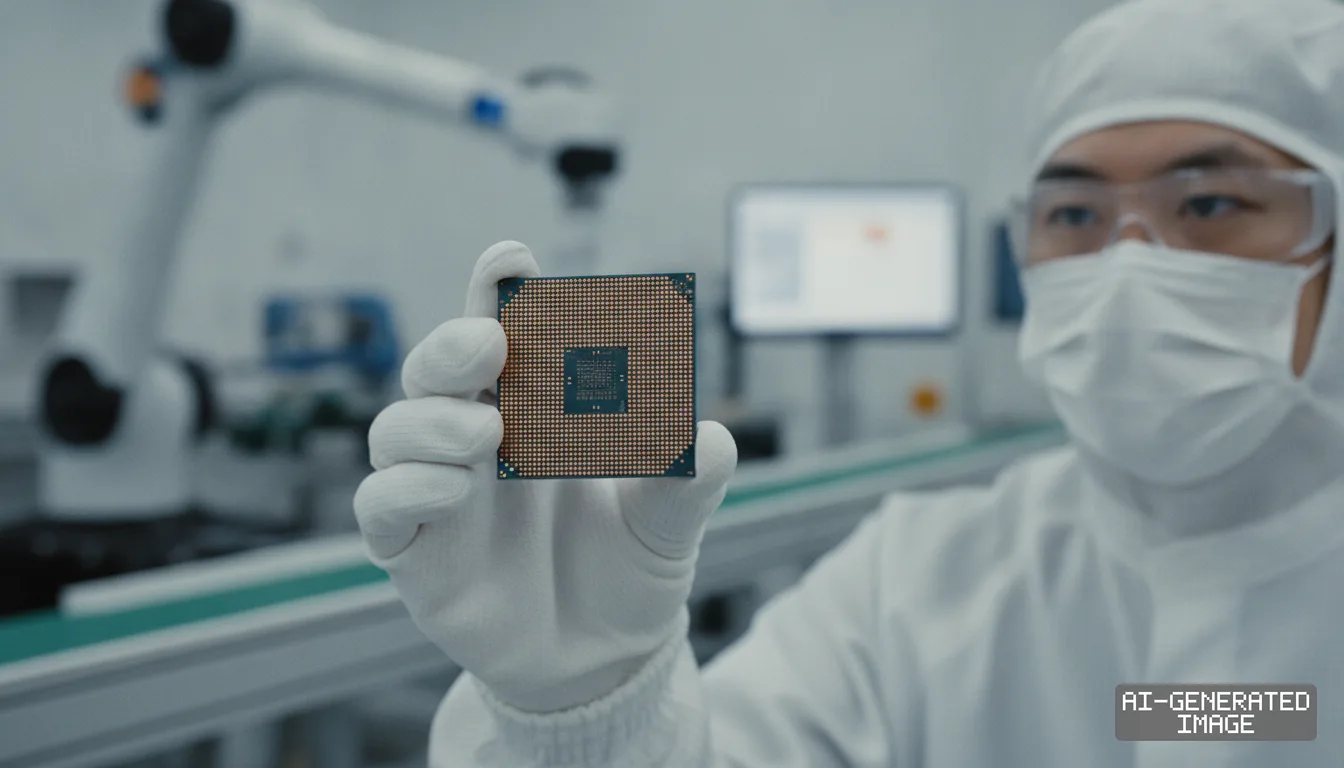A technician in cleanroom attire holds a semiconductor chip inside an advanced manufacturing facility. (AI-generated image)
