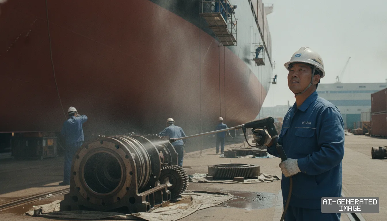 A shipyard worker uses a high-pressure spray to clean a heavy mechanical component in front of a large docked vessel. (AI-generated image)