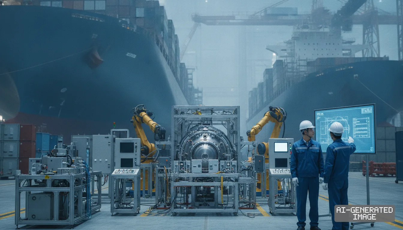 Engineers examine blueprints beside automated testing equipment in front of large cargo ships at a shipyard in Ulsan, South Korea. (AI-generated image)