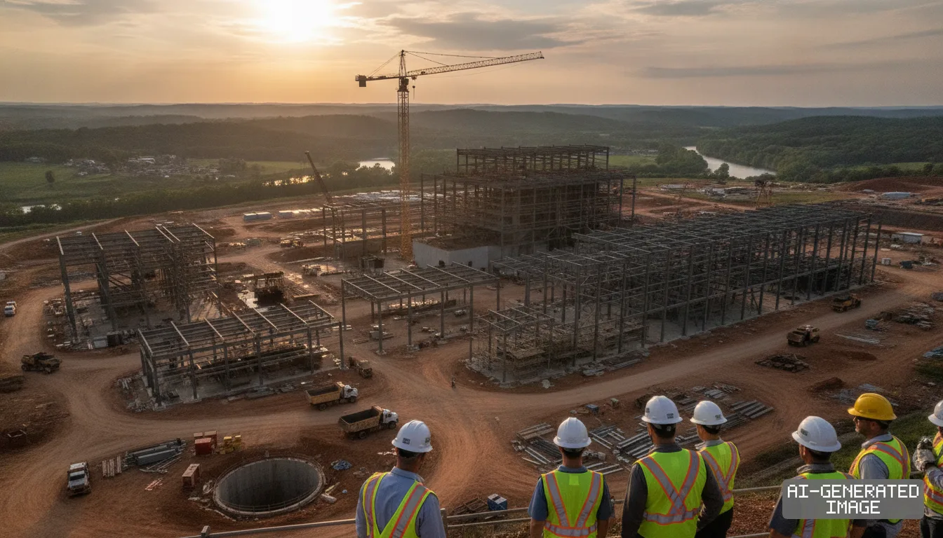 Workers in hard hats look over the construction site of the new mineral smelter facility under development in Tennessee. (AI-generated image)