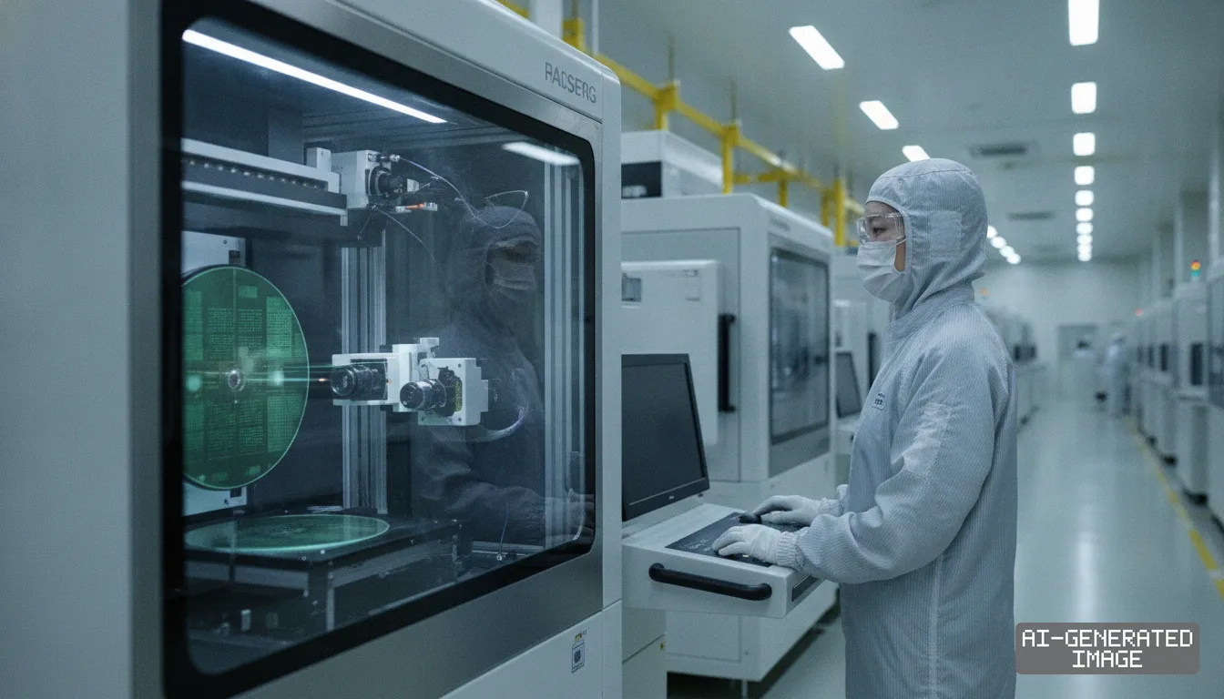 A technician wearing protective gear operates an automated semiconductor inspection system inside a cleanroom facility. (AI-generated image)