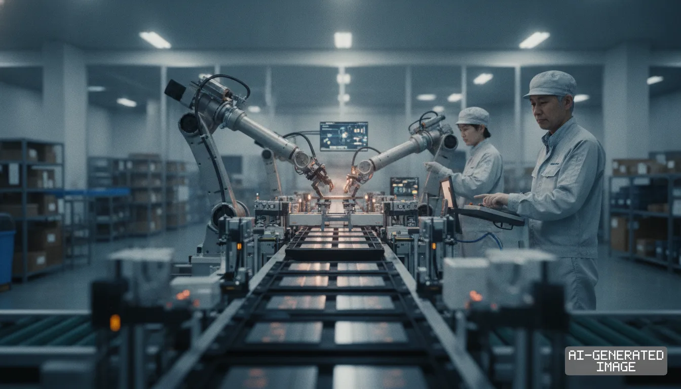 Technicians oversee robotic arms operating along an automated assembly line inside an advanced semiconductor packaging facility. (AI-generated image)