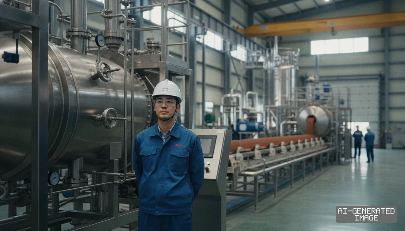 A worker in protective gear stands beside industrial equipment and a conveyor line inside a battery materials facility. (AI-generated image)
