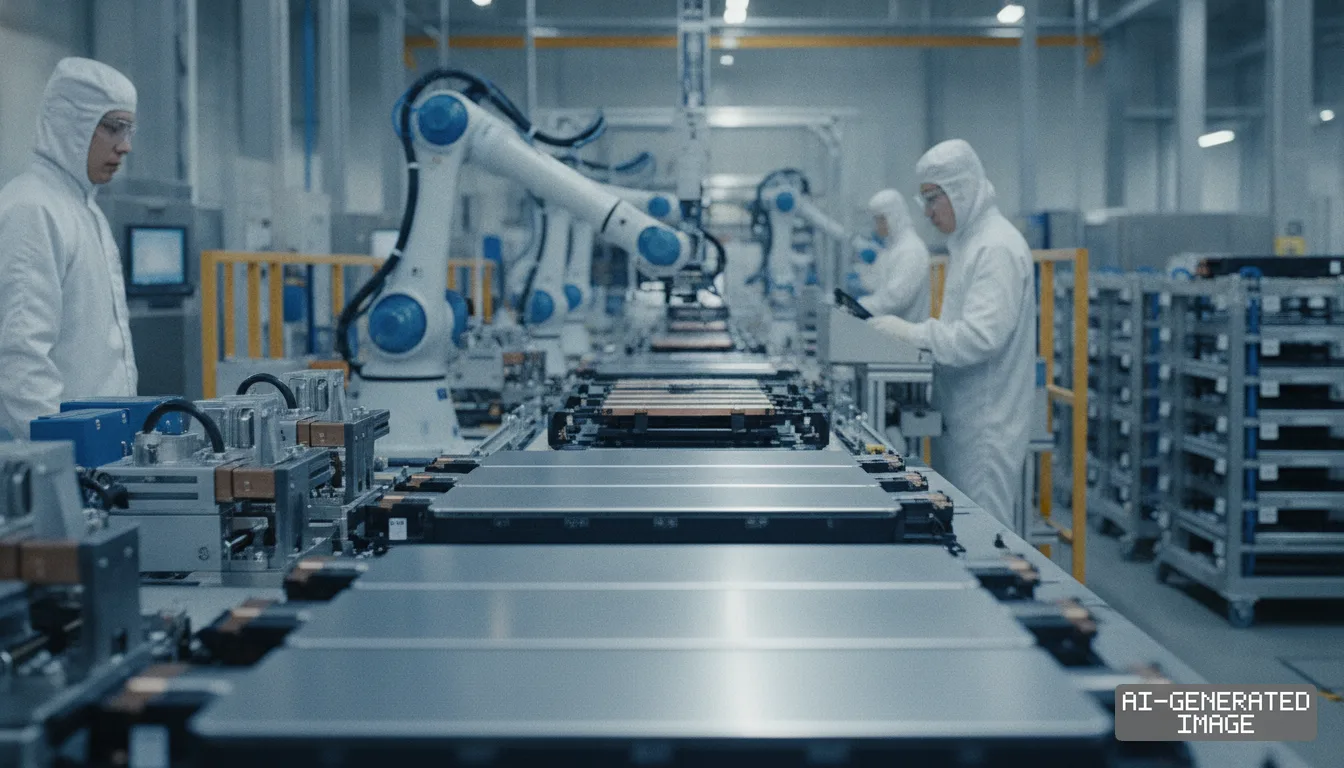 Technicians in protective suits monitor robotic arms assembling battery packs along an automated production line. (AI-generated image)