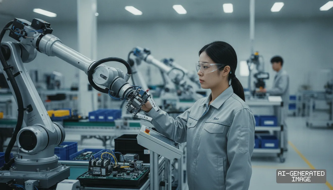 A worker monitors an industrial robotic arm assembling electronics at a robotics manufacturing facility. (AI-generated image)