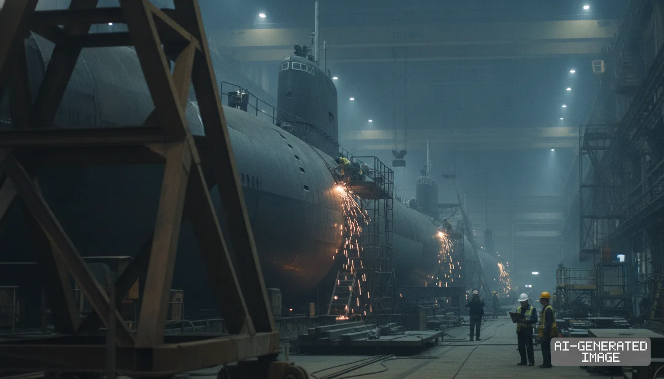 Shipyard workers weld large submarine hulls inside an expansive industrial manufacturing facility. (AI-generated image)