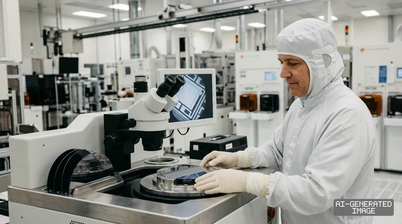 A technician handles a silicon wafer on specialized equipment inside a semiconductor manufacturing cleanroom. (AI-generated image)