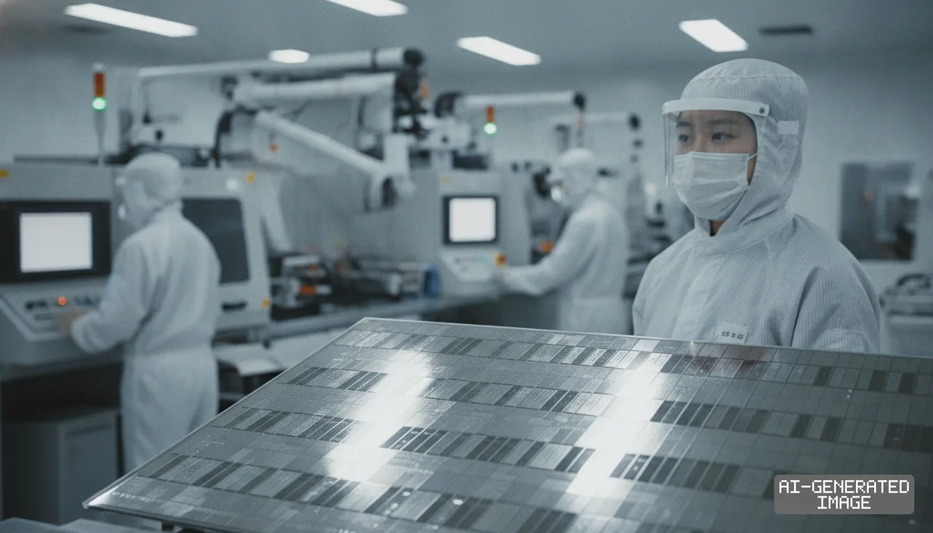 Technicians in protective cleanroom gear monitor automated equipment behind a large patterned silicon wafer inside a semiconductor facility. (AI-generated image)