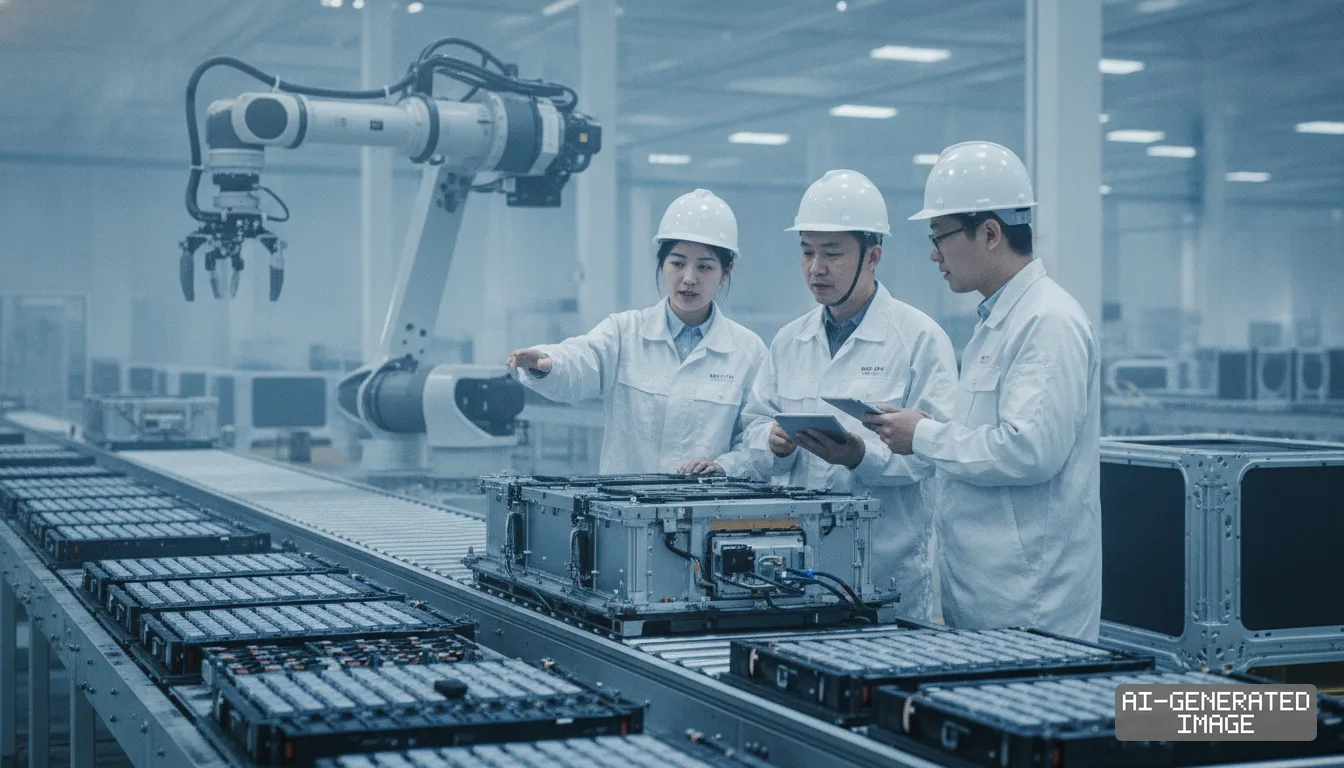Engineers in hard hats inspect electric vehicle battery packs along an automated assembly line beside a robotic arm. (AI-generated image)