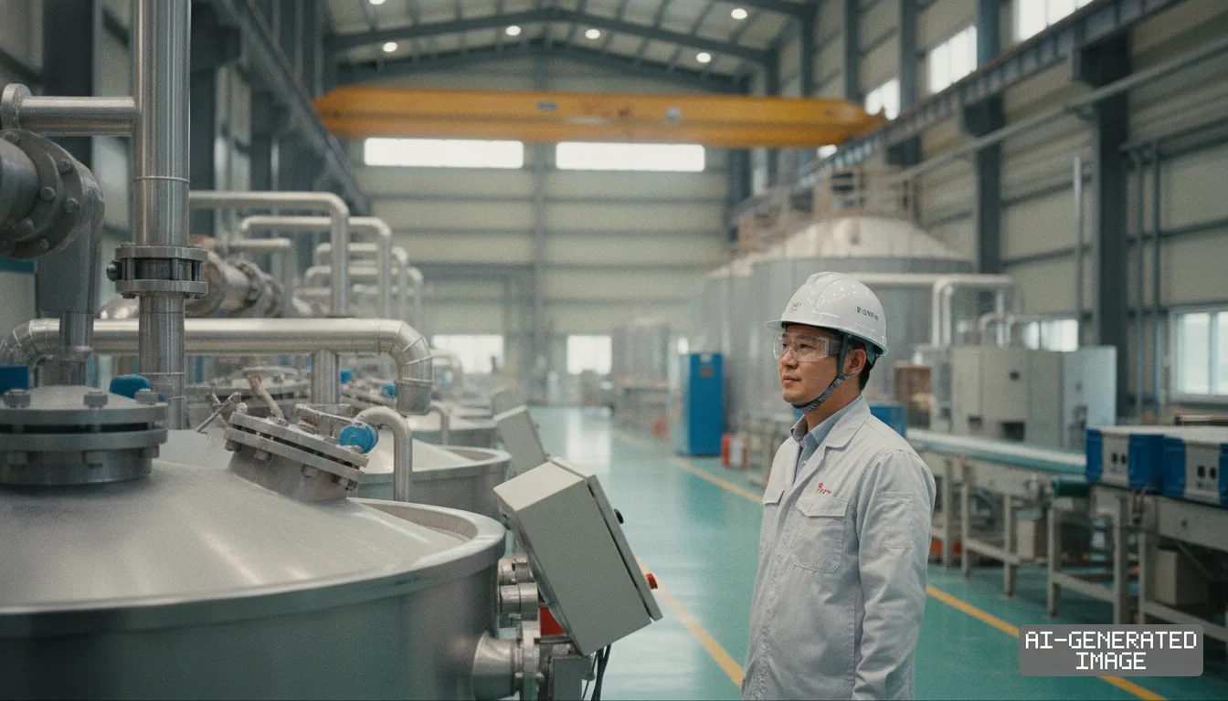 A worker in protective gear stands beside industrial processing tanks inside a battery materials manufacturing facility. (AI-generated image)