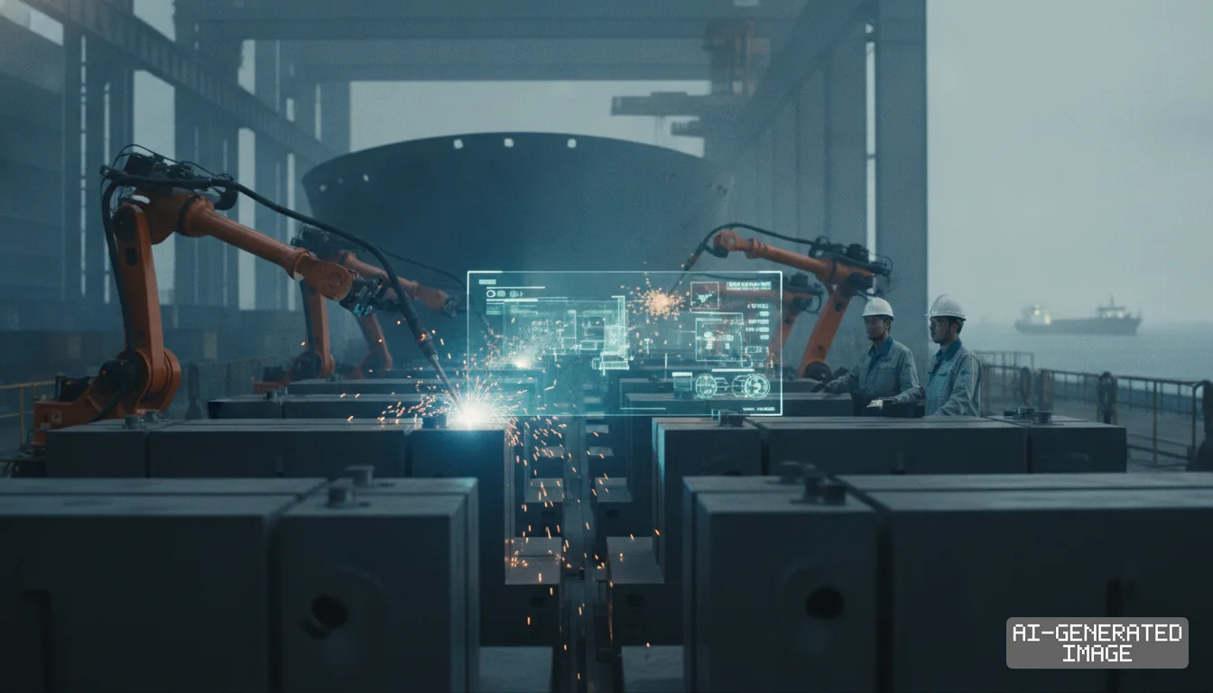 Workers observe automated robotic arms welding components alongside a digital interface in a modern shipyard. (AI-generated image)