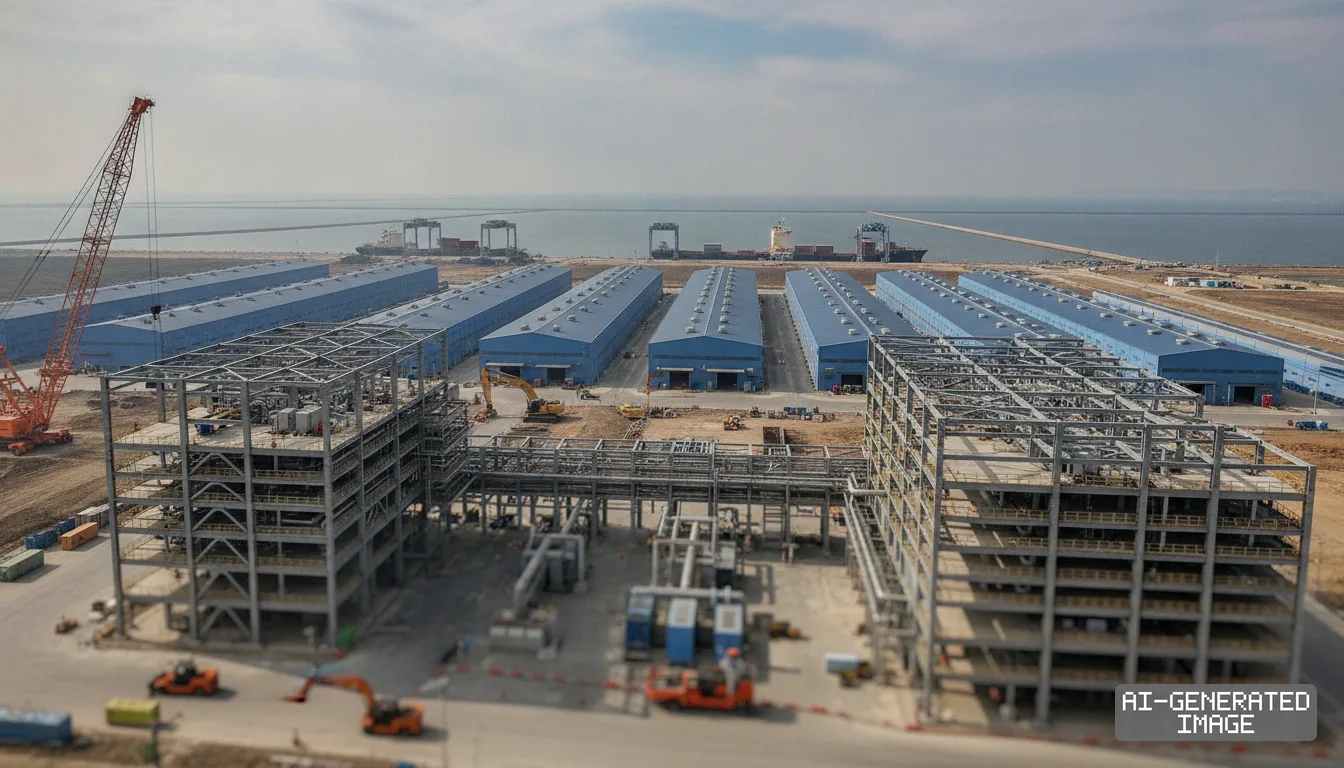 Industrial facilities and warehouses are under construction near the coast in South Korea's Saemangeum development zone. (AI-generated image)